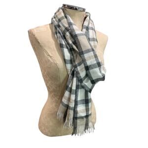 Loft Womens Plaid Winter Scarf Soft Gray Tan Fringed 43" x 9.5"